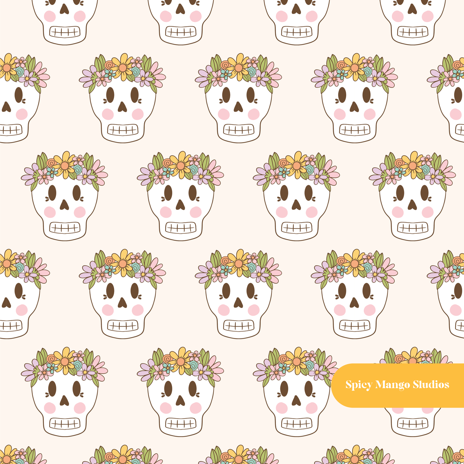 Off White Flower Crown Skeleton Seamless Surface Pattern