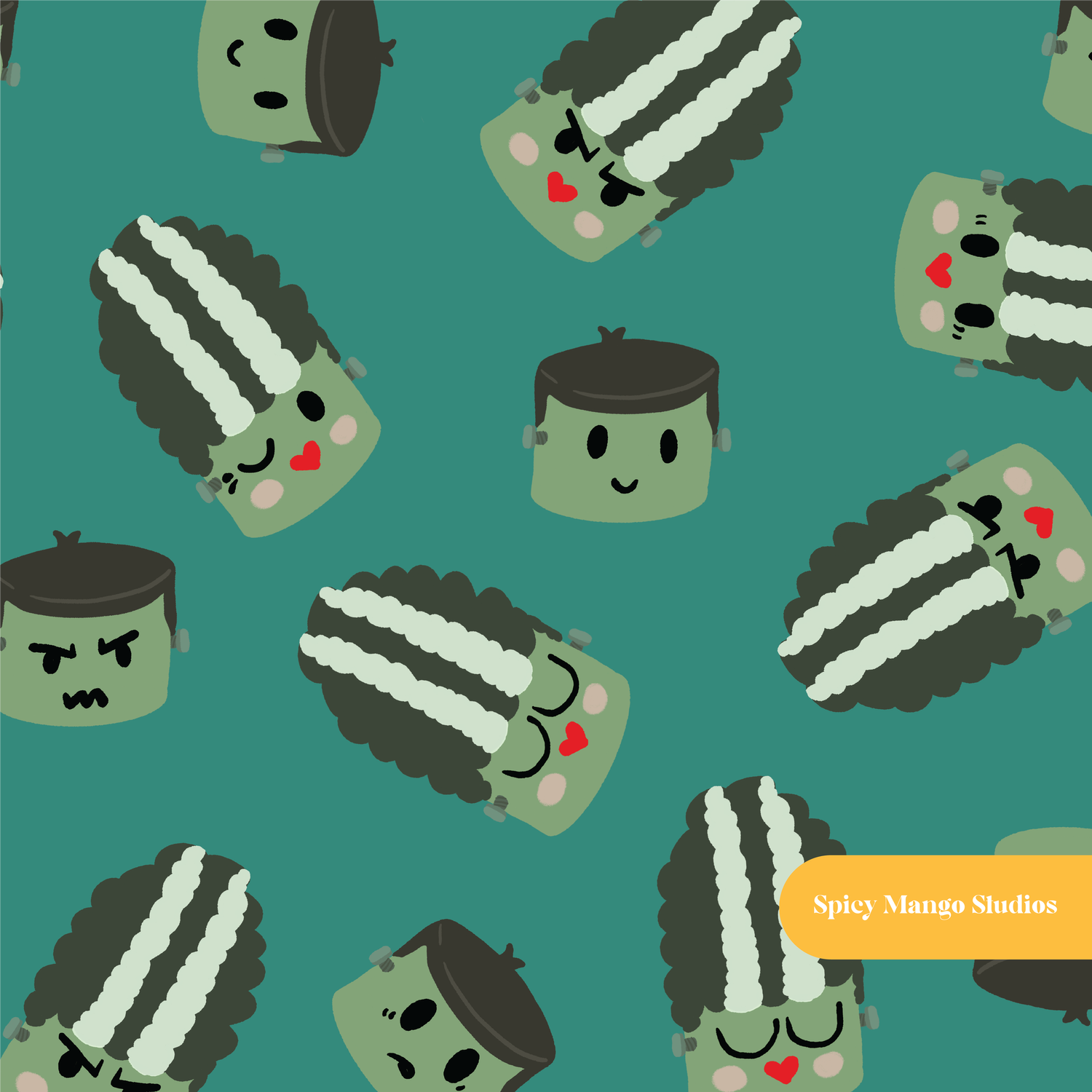 Green Franky and Francine Halloween Seamless Pattern – Digital Download
