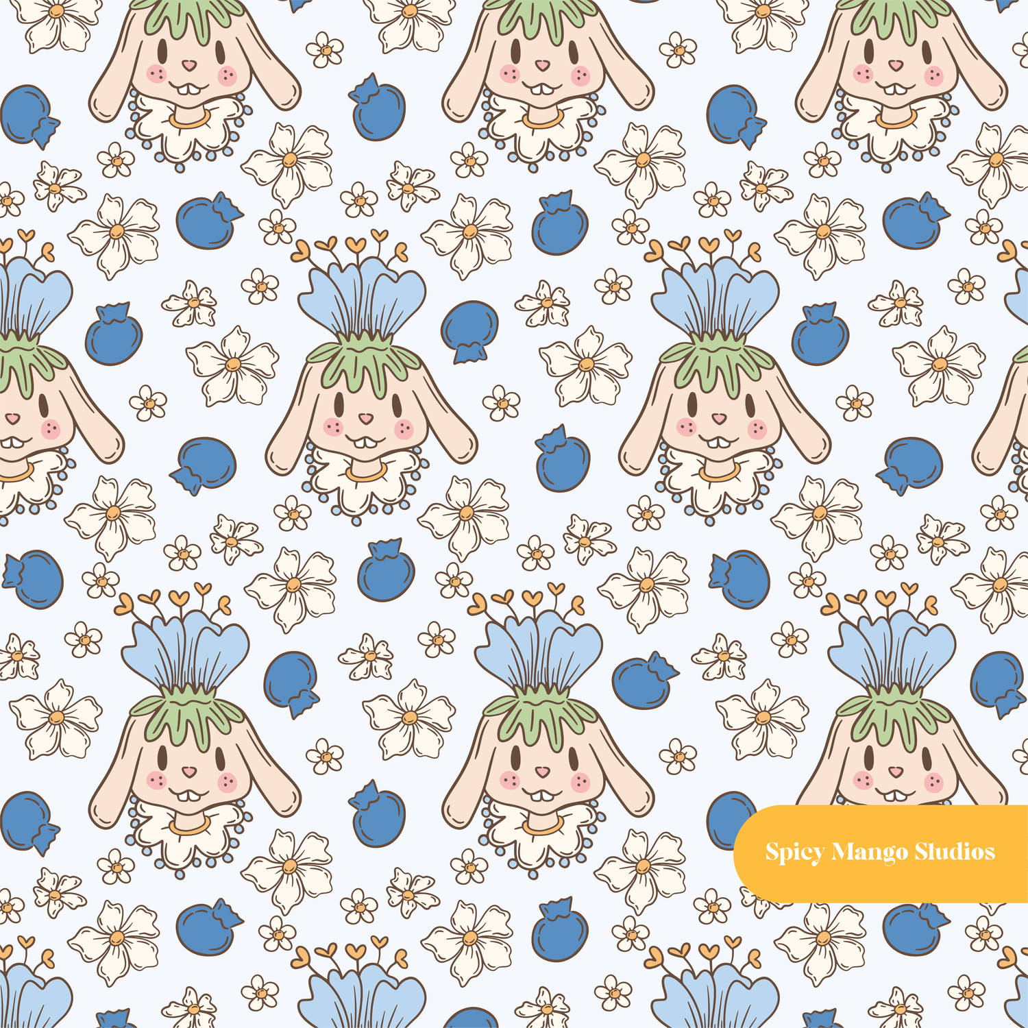 Light Blue Blueberry Fairy Bunny Seamless Pattern