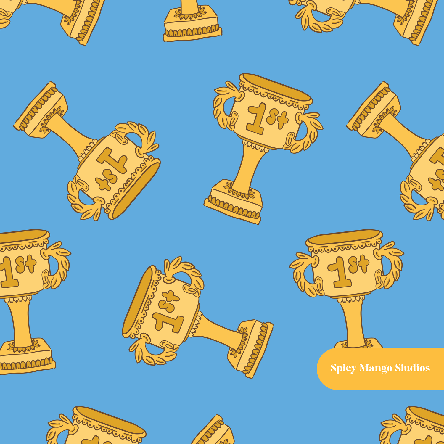 Blue Trophy Seamless Pattern – Sports Award & Championship Digital Download