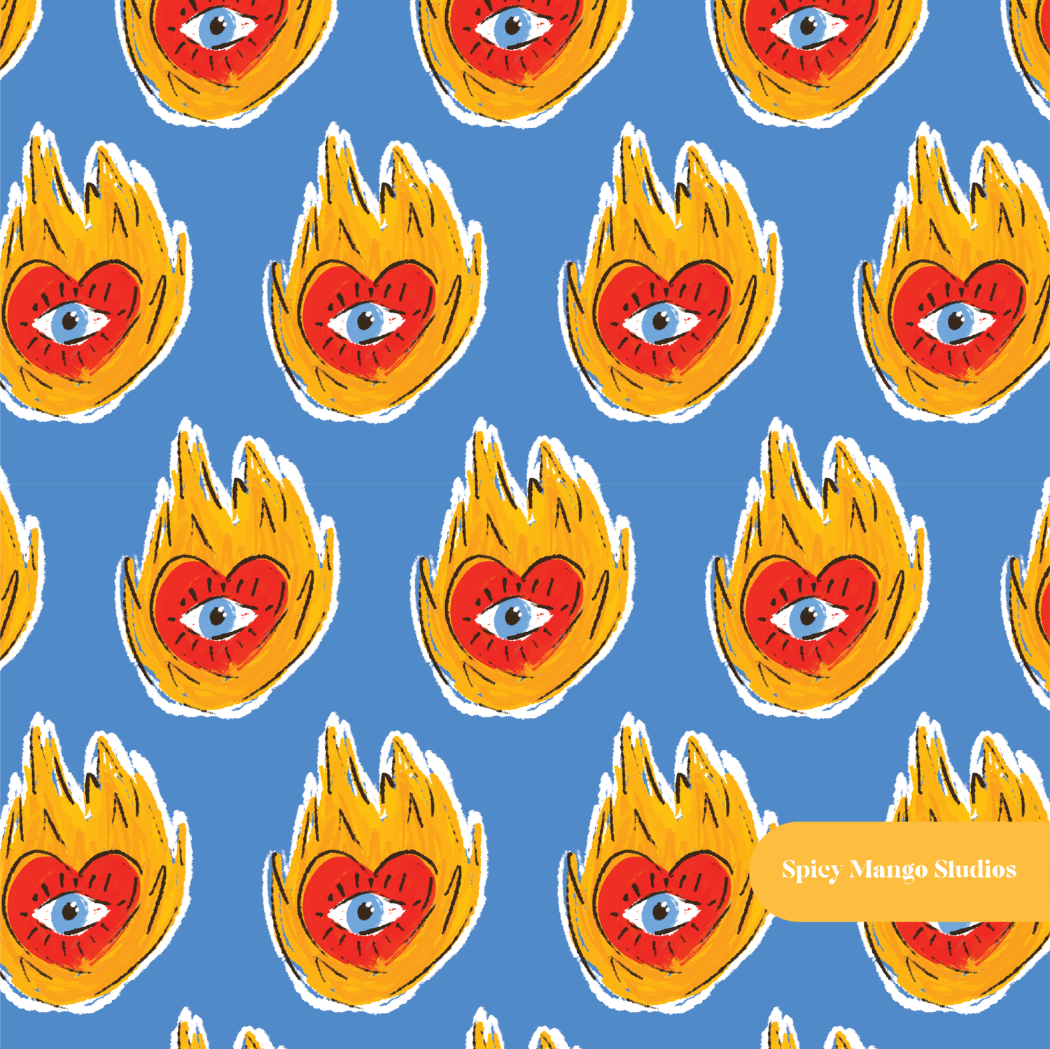 Blue Fire Heart Seamless Pattern