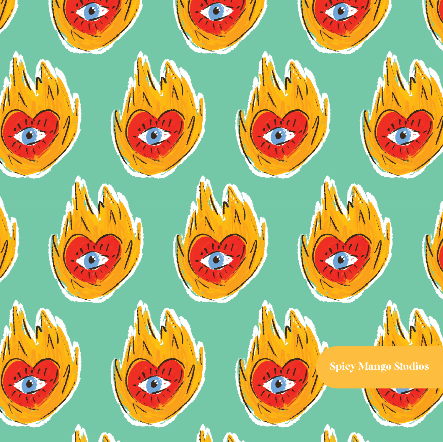 Green Fire Heart Seamless Pattern