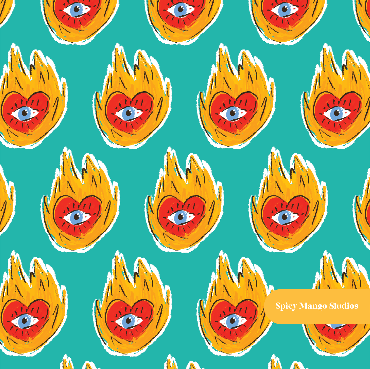 Teal Fire Heart Seamless Pattern
