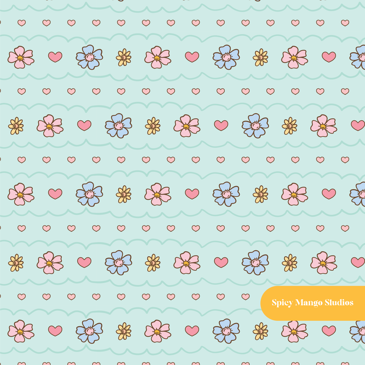 Aqua Floral Stripe Seamless Surface Pattern