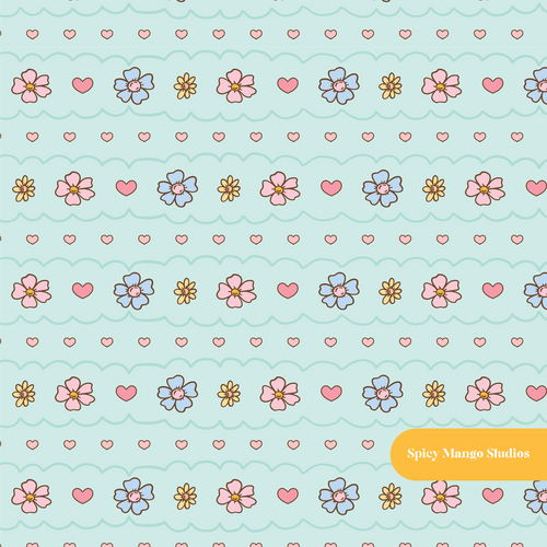 Aqua Floral Stripe Seamless Surface Pattern