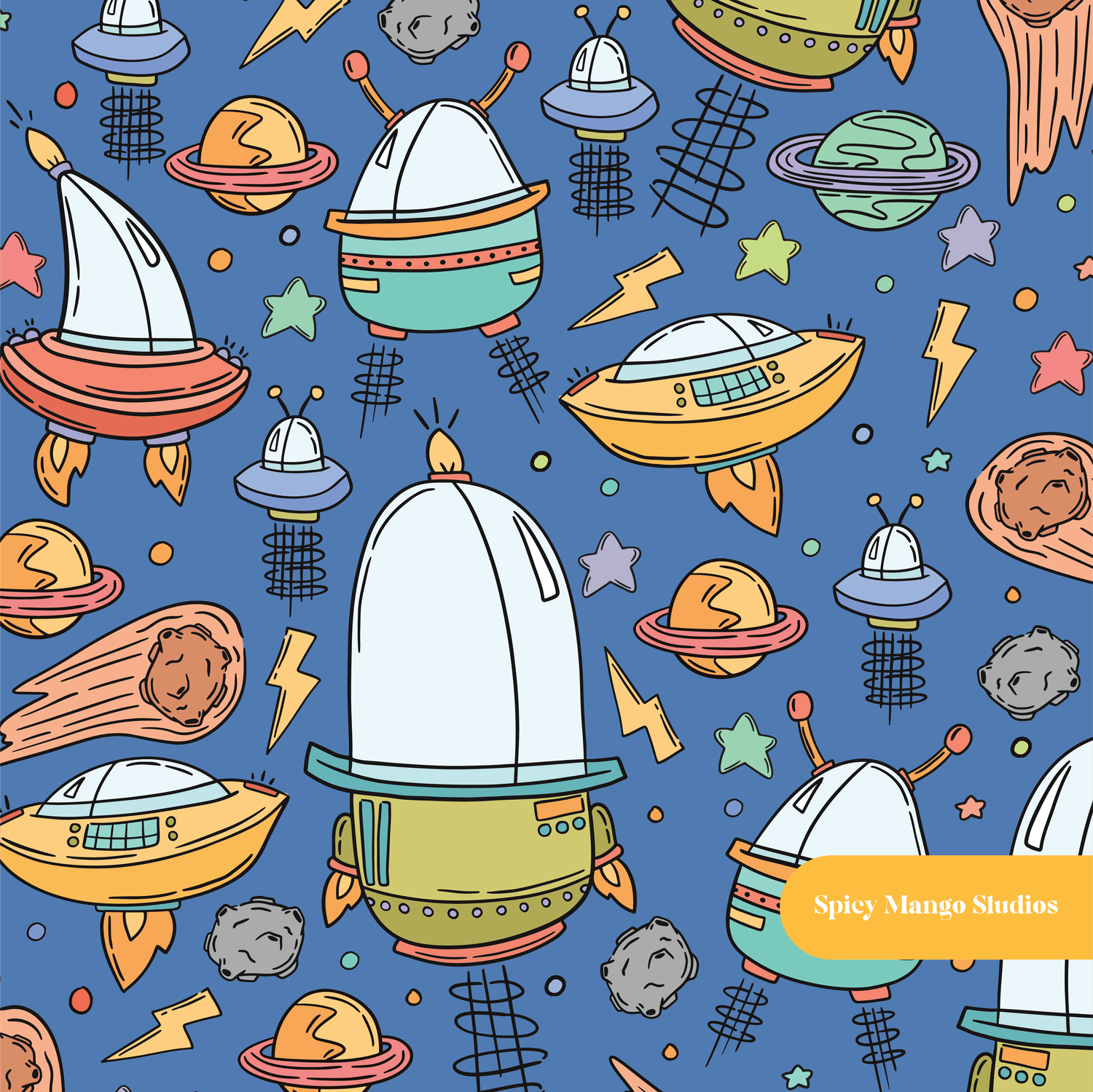 Blue Flying Saucer Seamless Pattern – Digital Download