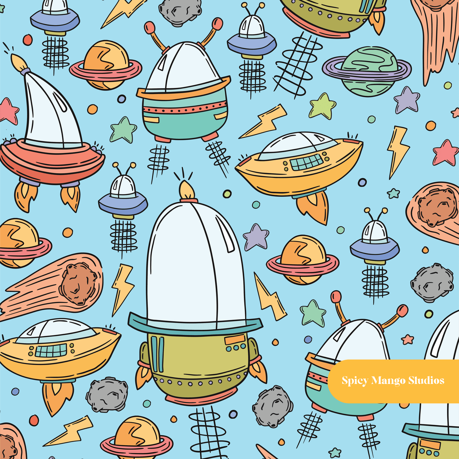 Light Blue Flying Saucer Seamless Pattern – Digital Download