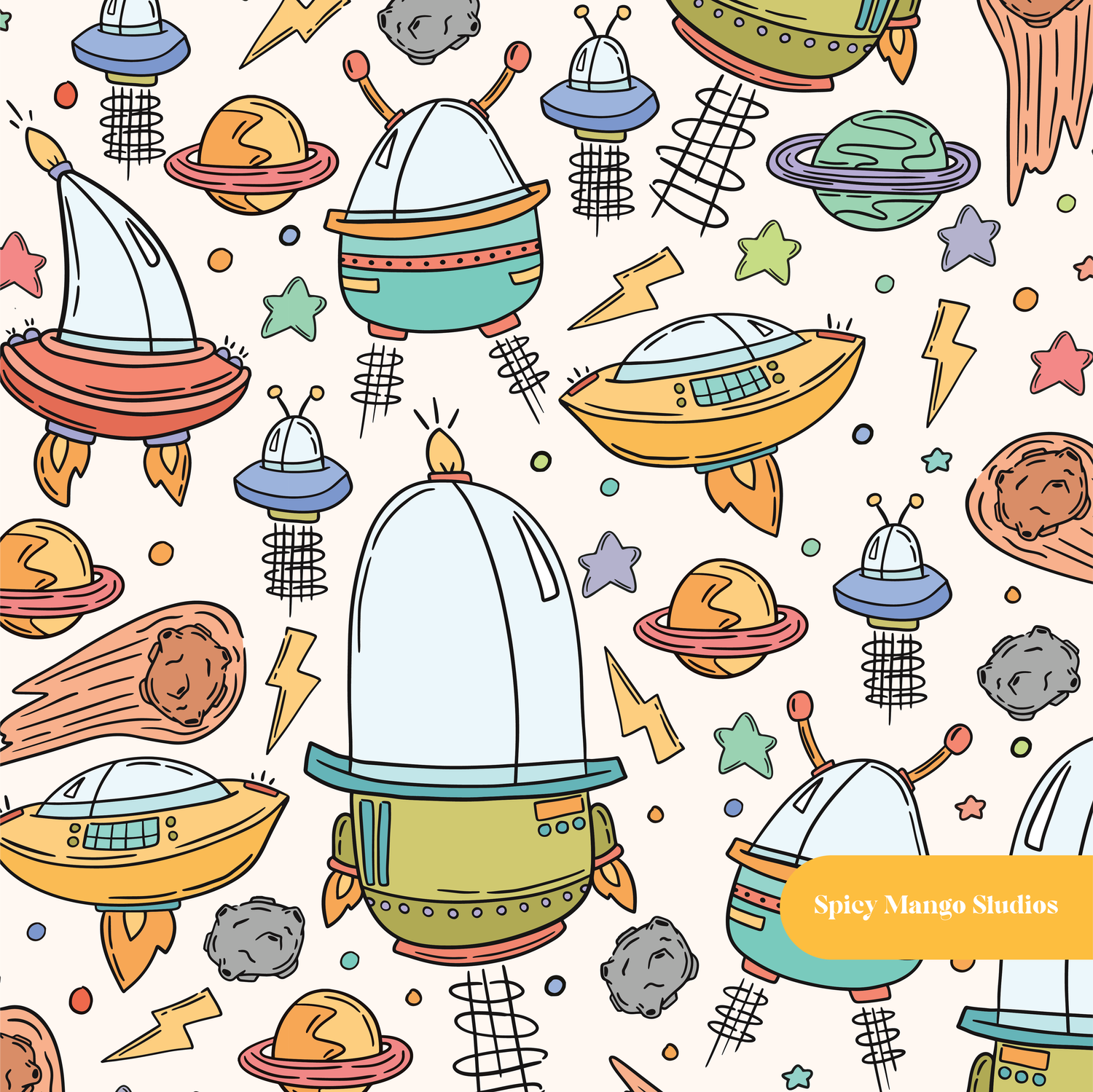 Off White Flying Saucer Seamless Pattern – Digital Download