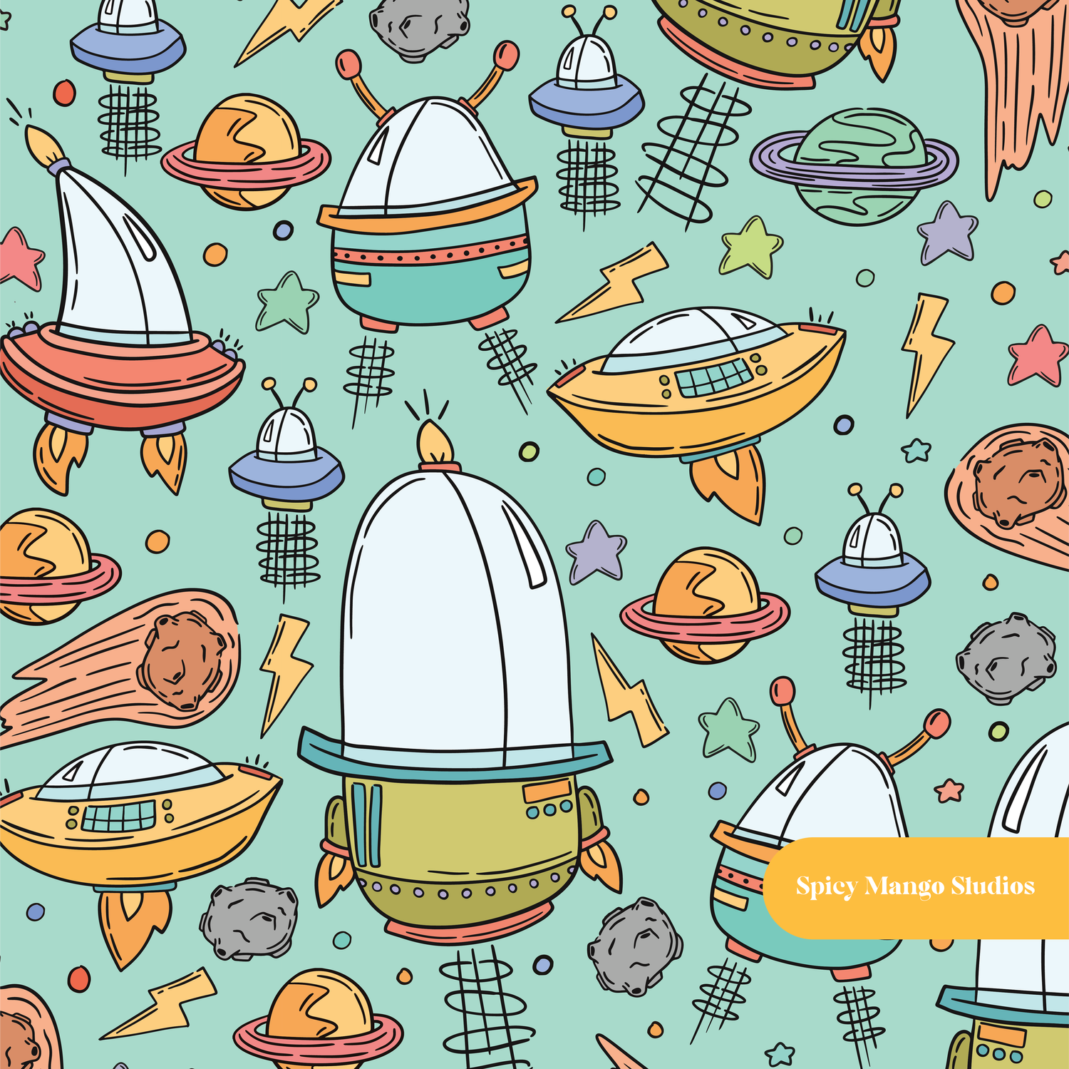 Mint Flying Saucer Seamless Pattern – Digital Download