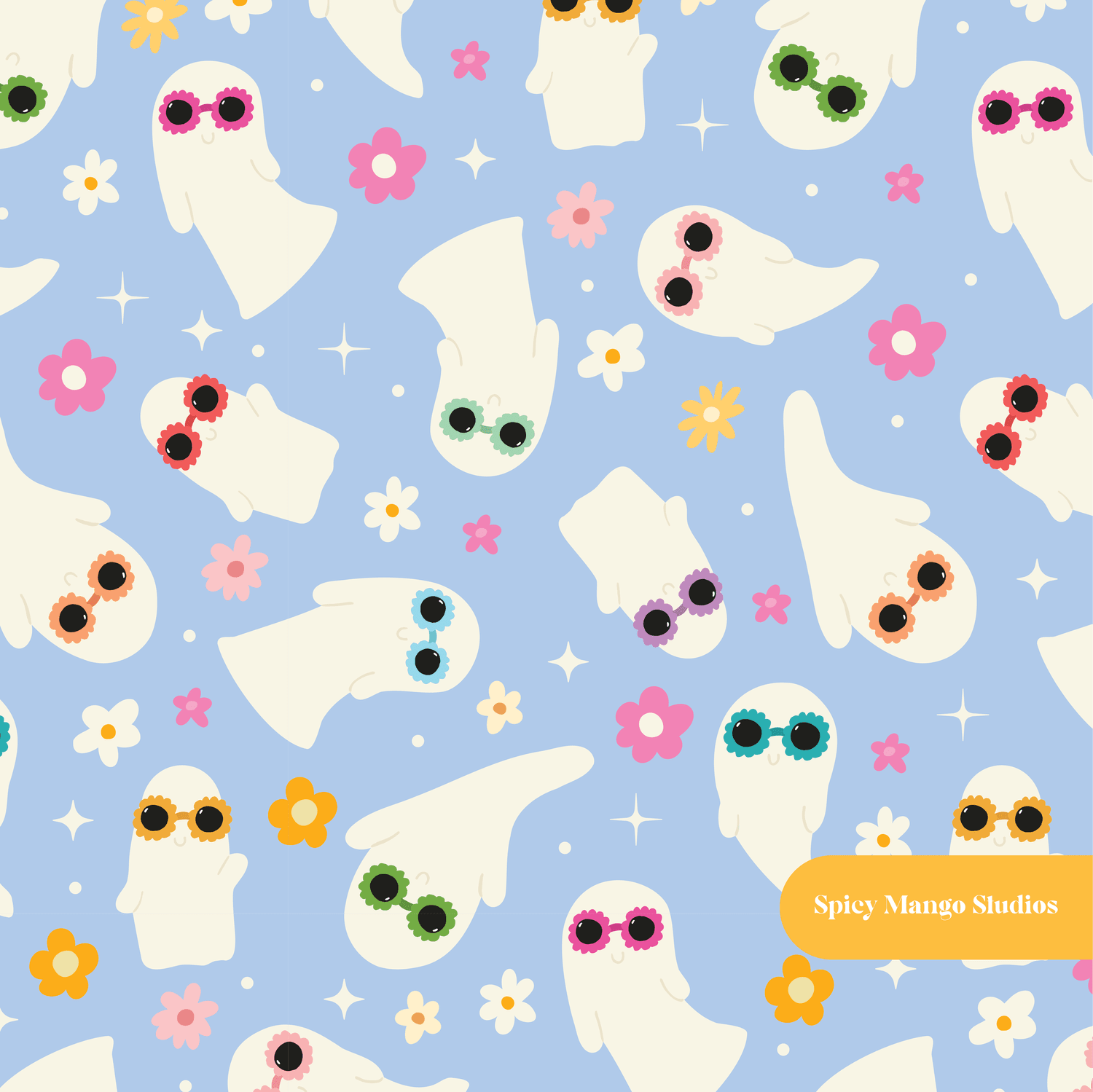 Periwinkle Groovy Ghosts Seamless Pattern
