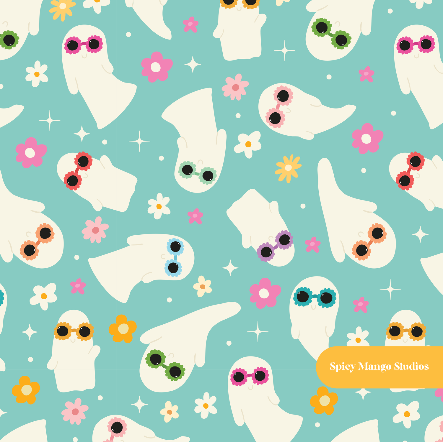 Aqua Groovy Ghosts Seamless Pattern