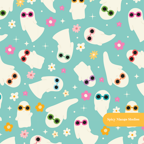 Aqua Groovy Ghosts Seamless Pattern