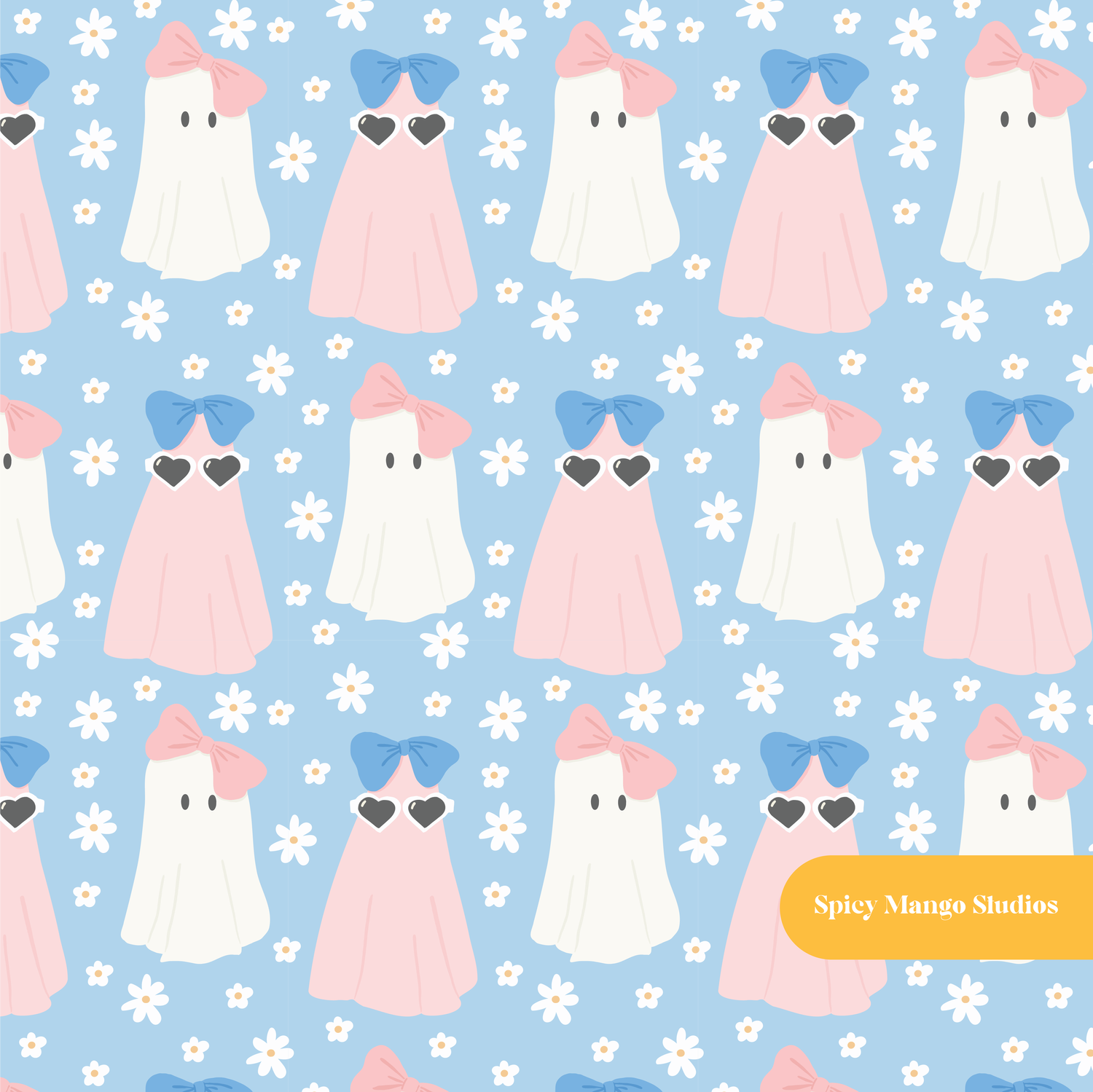 Cloud Blue Ghosties Seamless Pattern