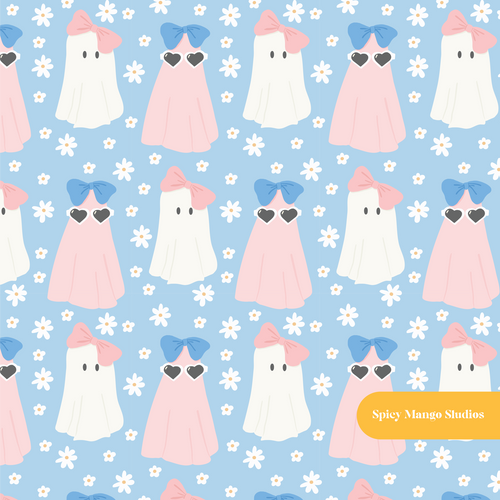 Cloud Blue Ghosties Seamless Pattern