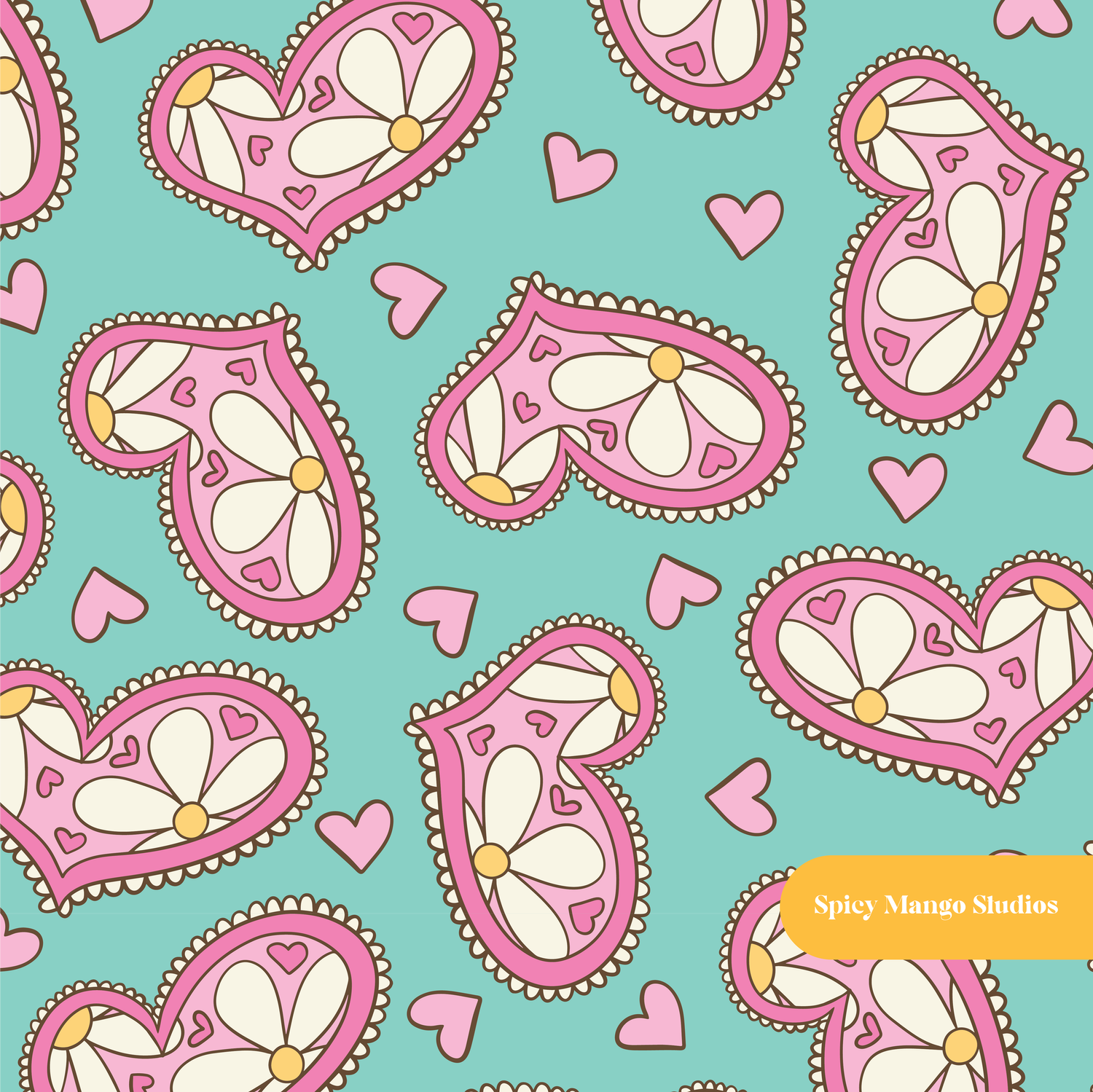 Dark Mint Hello Daisy Love Seamless Pattern
