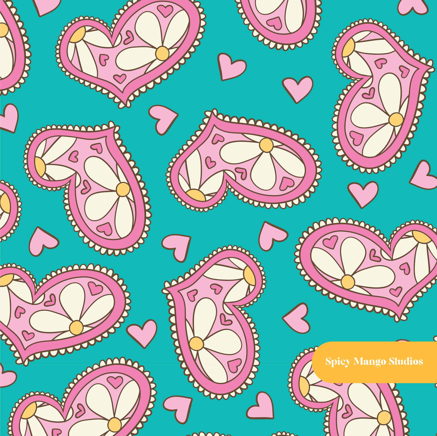 Teal Hello Daisy Love Seamless Pattern