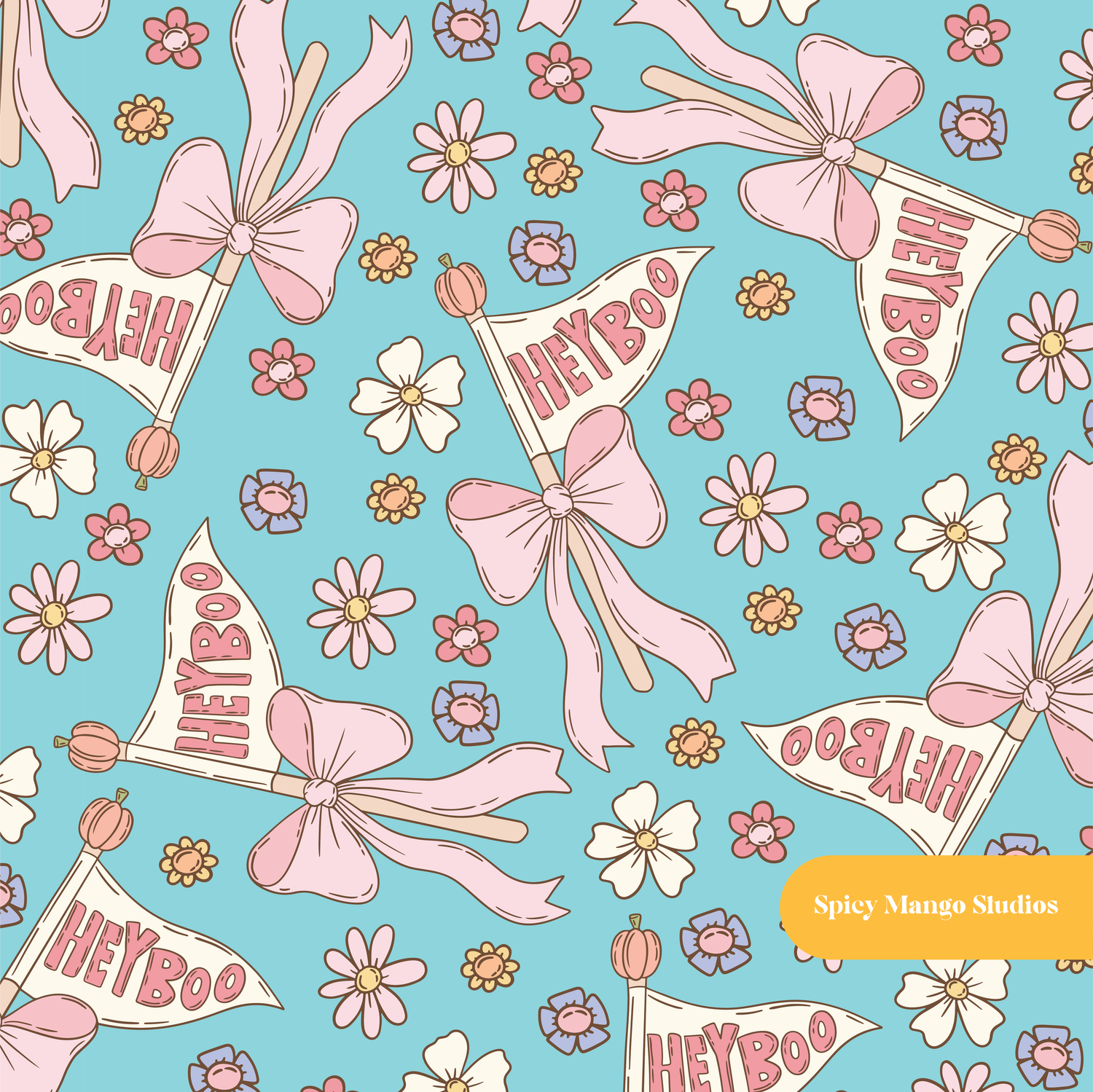 Aqua Hey Boo Halloween Seamless Pattern