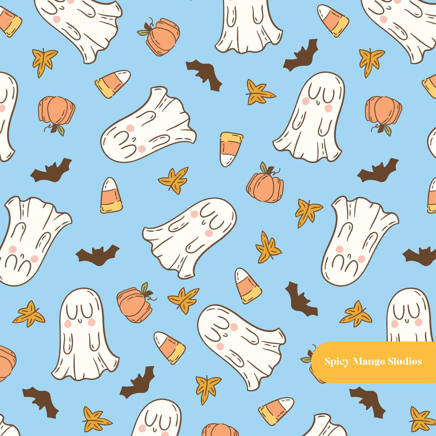 Blue Halloween Ghosts Seamless Pattern