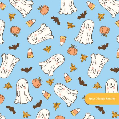 Blue Halloween Ghosts Seamless Pattern