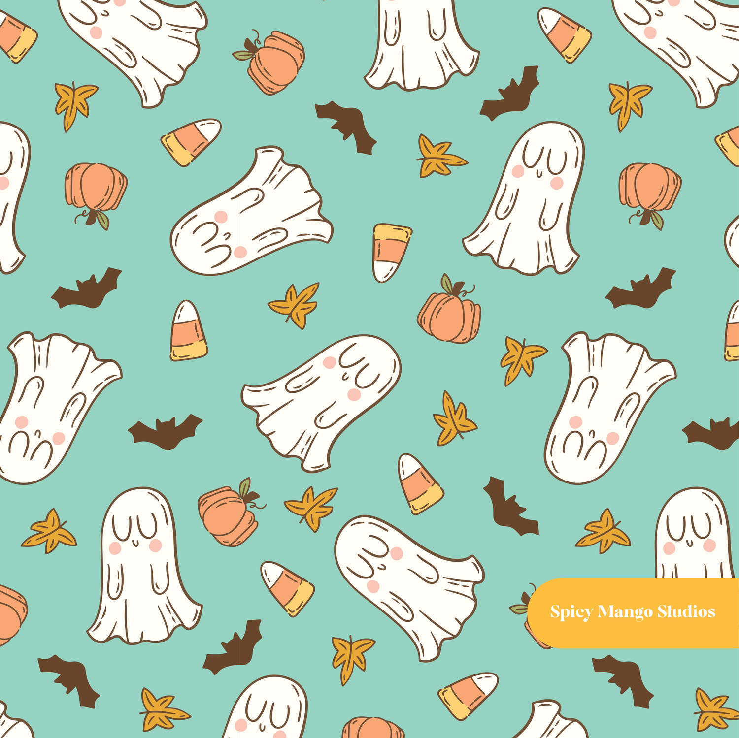Green Halloween Ghosts Seamless Pattern