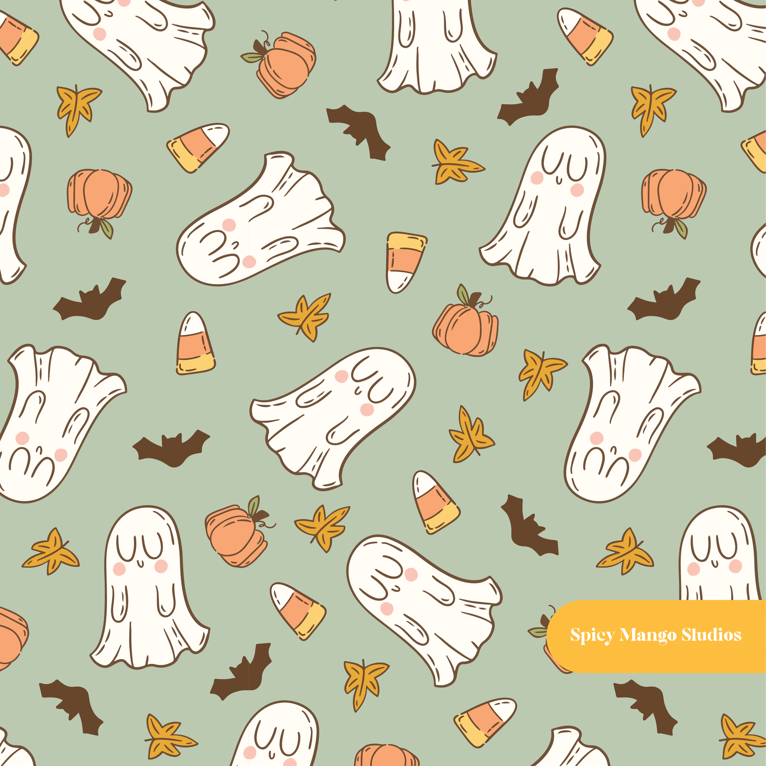 Olive Halloween Ghosts Seamless Pattern
