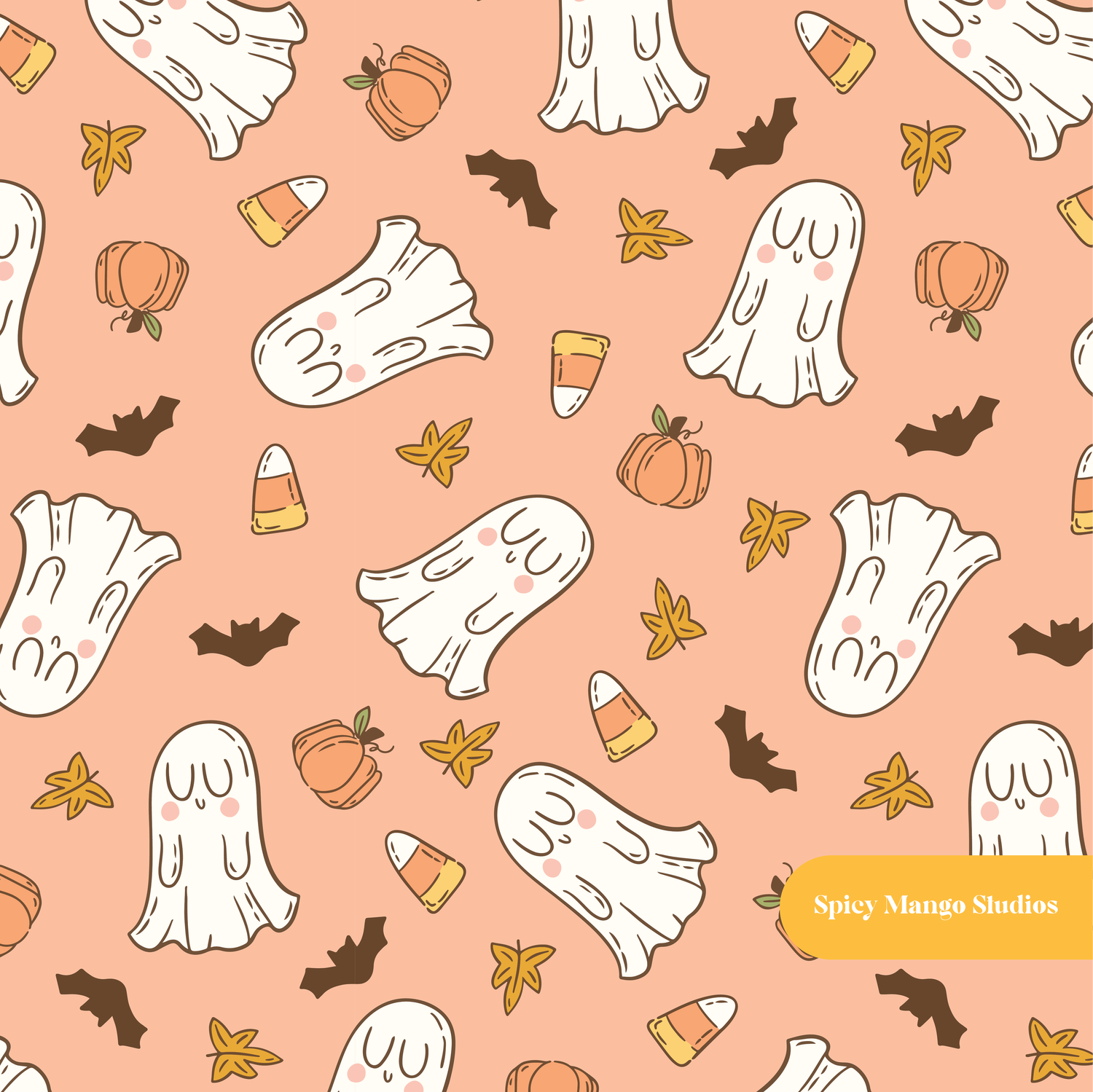 Orange Halloween Ghosts Seamless Pattern