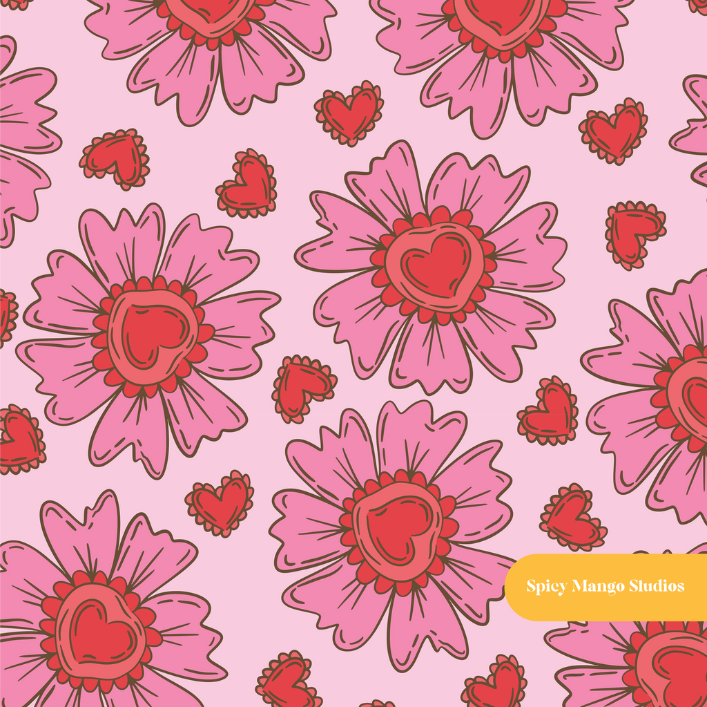 Pink Heart Love Floral Seamless Pattern