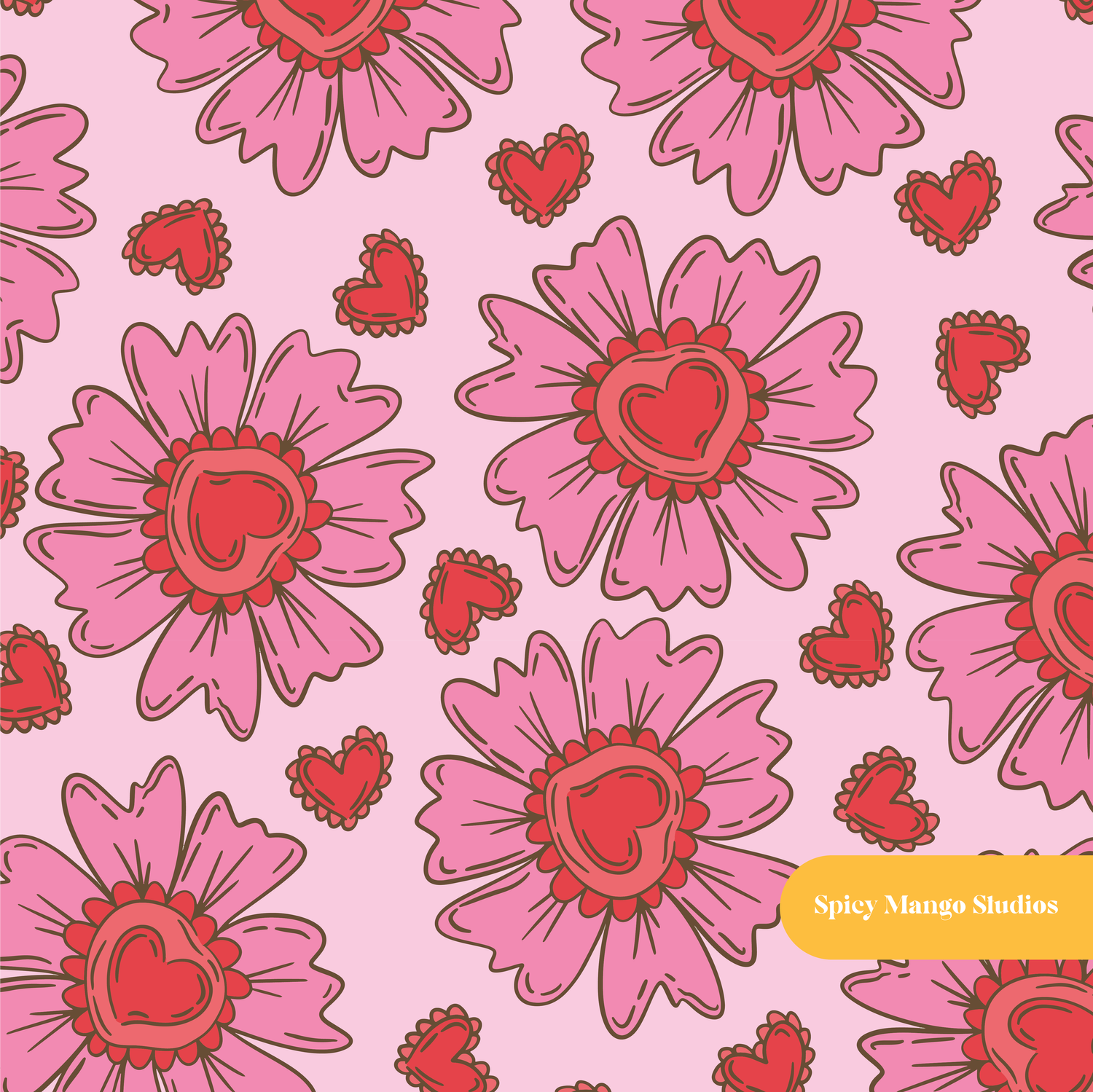 Pink Heart Love Floral Seamless Pattern