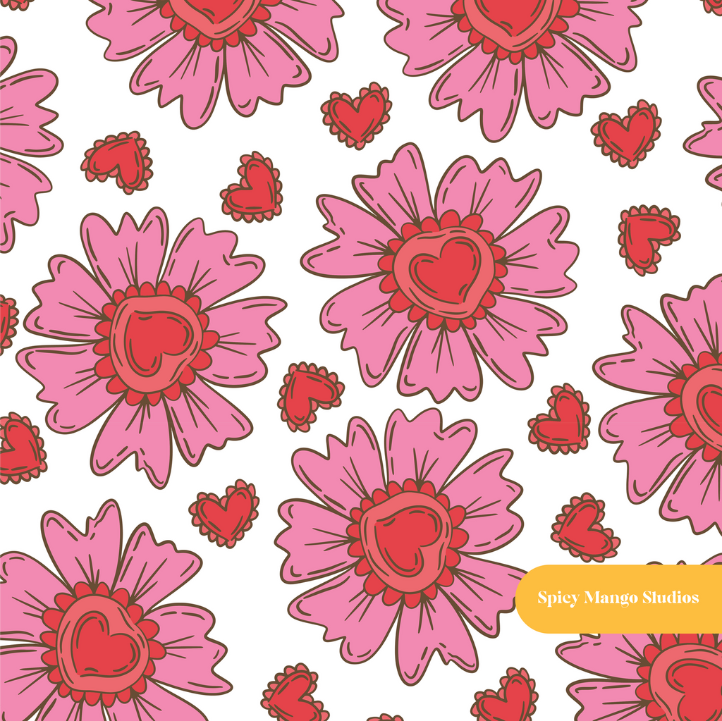 White Heart Love Floral Seamless Pattern