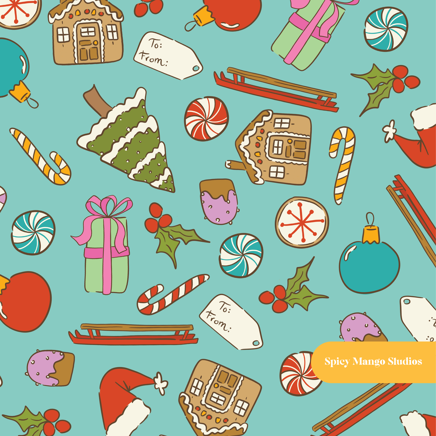 Aqua Holly Jolly Christmas Seamless Pattern