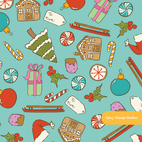 Aqua Holly Jolly Christmas Seamless Pattern
