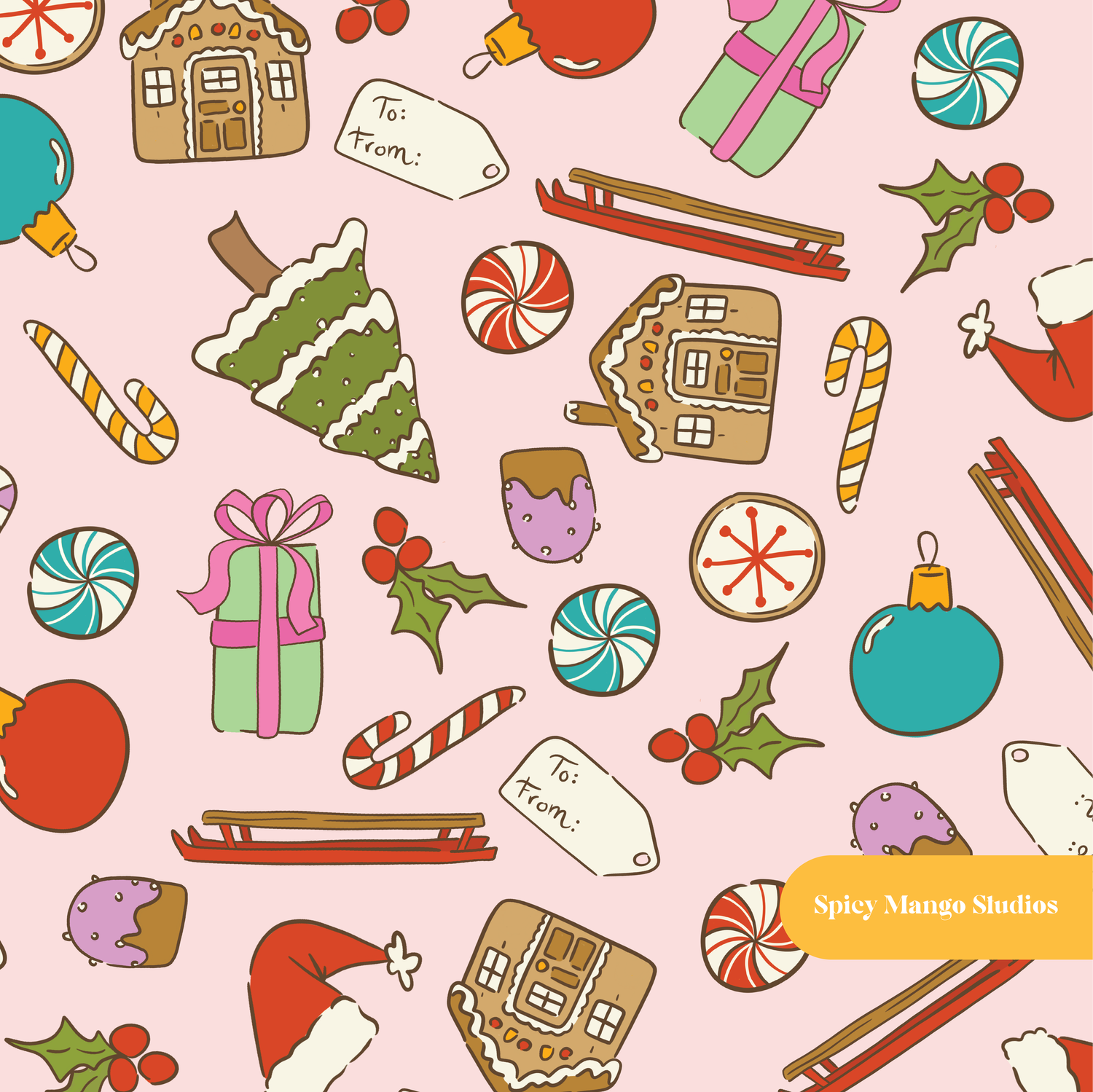 Pink Holly Jolly Christmas Seamless Pattern
