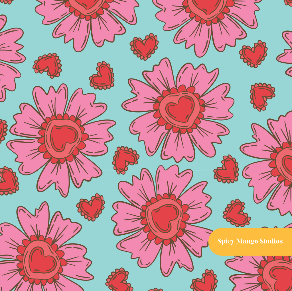 Aqua Heart Love Floral Seamless Pattern