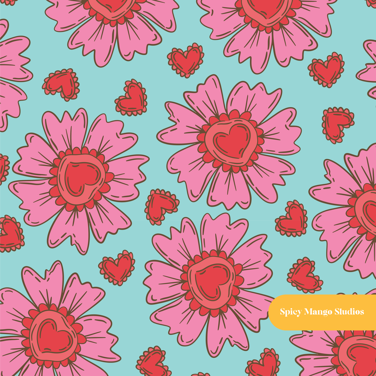 Aqua Heart Love Floral Seamless Pattern