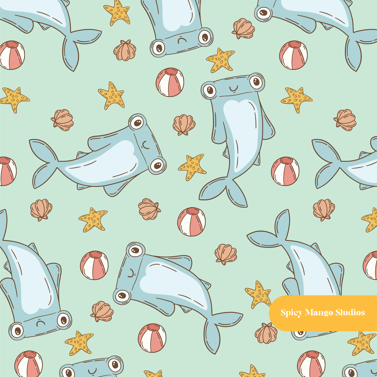 Mint Hammerhead Seamless Pattern