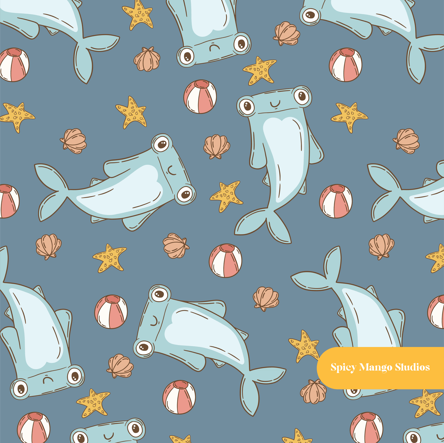 Underwater Blue Hammerhead Seamless Pattern