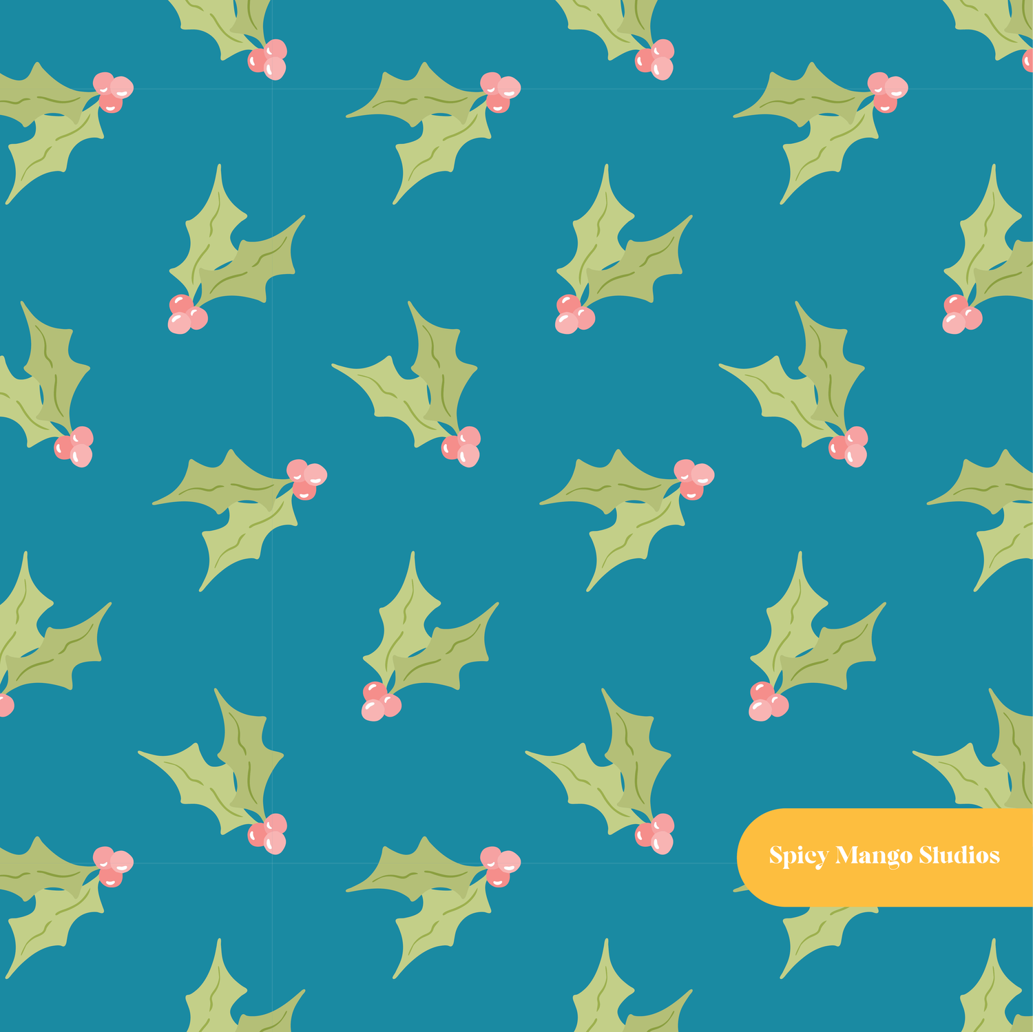 Aquamarine Happy Holly Seamless Pattern – Digital Download