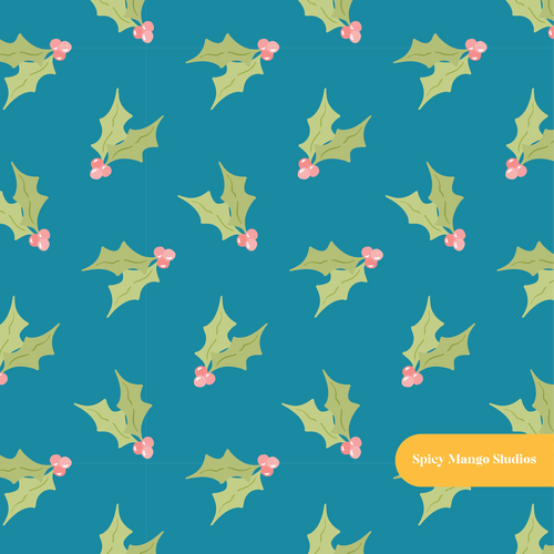 Aquamarine Happy Holly Seamless Pattern – Digital Download