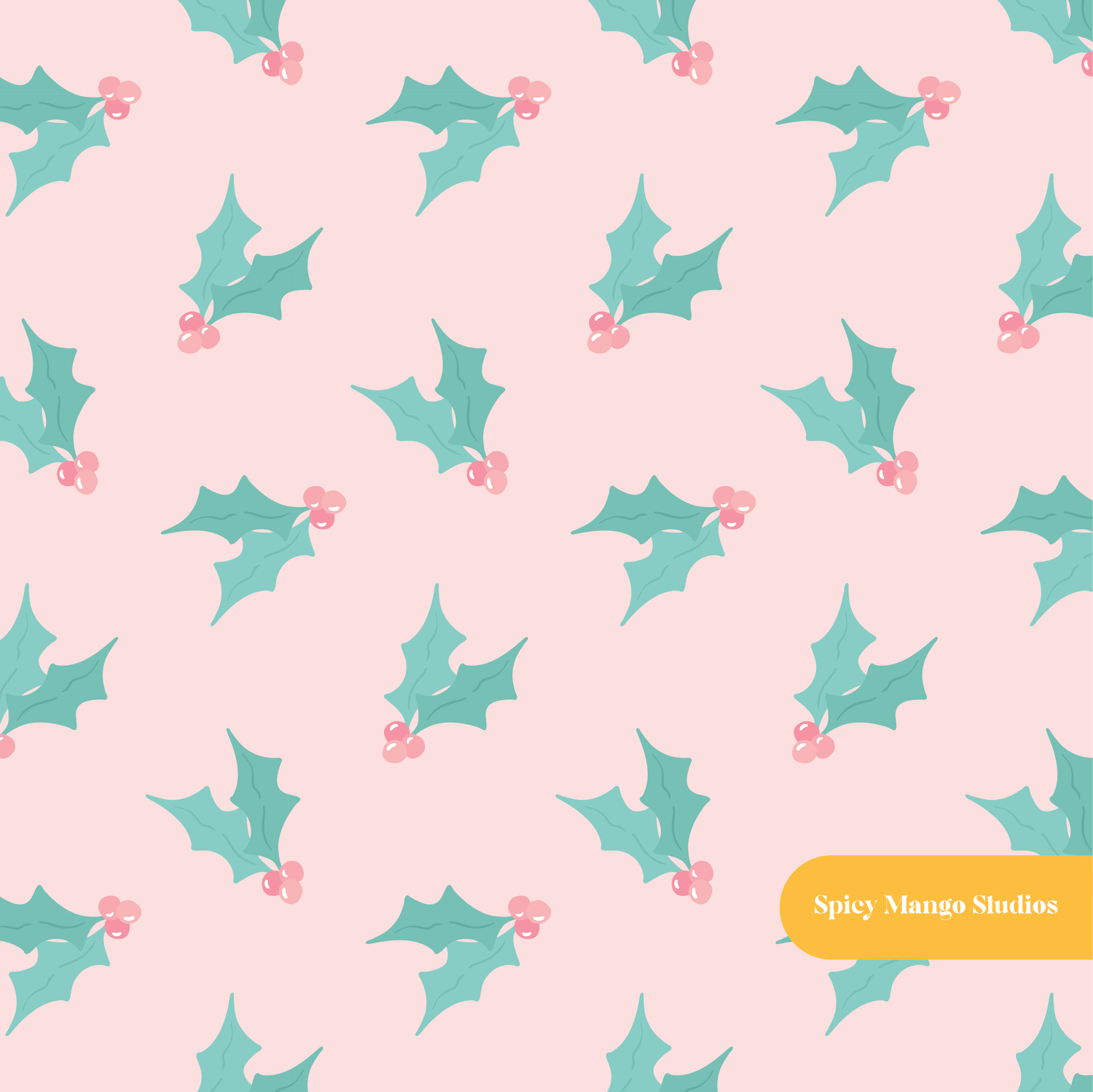 Pink and Teal Happy Holly Seamless Pattern – Digital Download