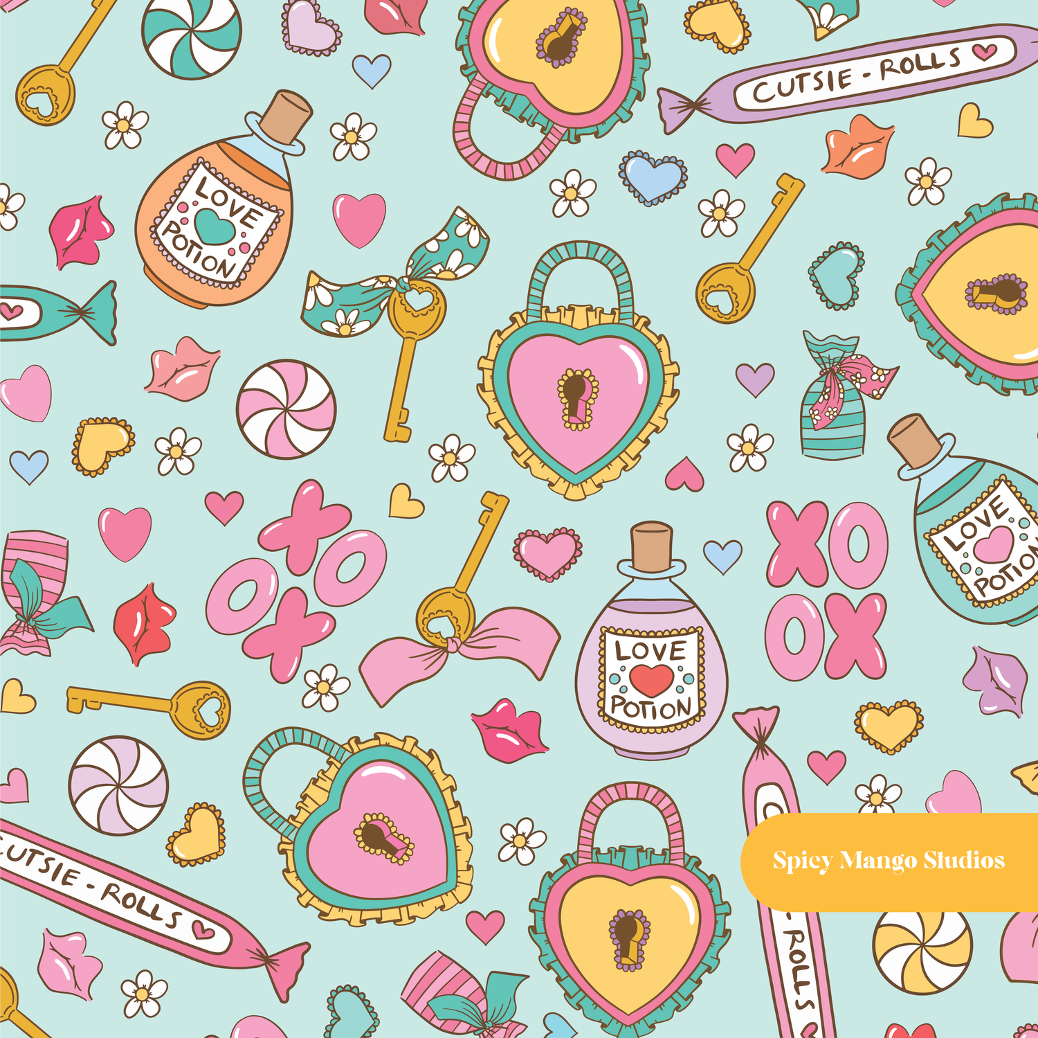 Mint Happy Love Valentine Seamless Pattern
