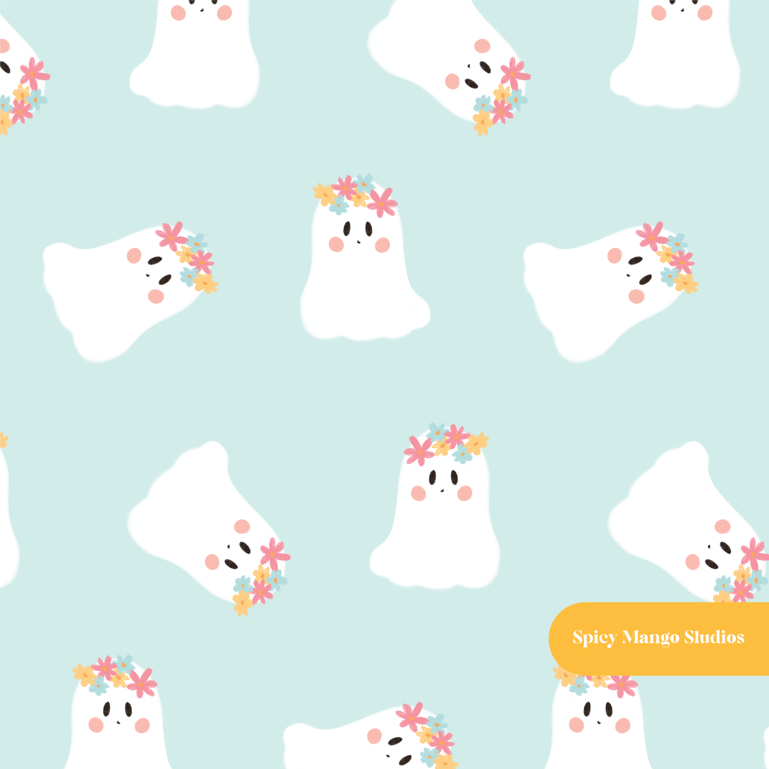 Mint Happy Ghost Seamless Pattern
