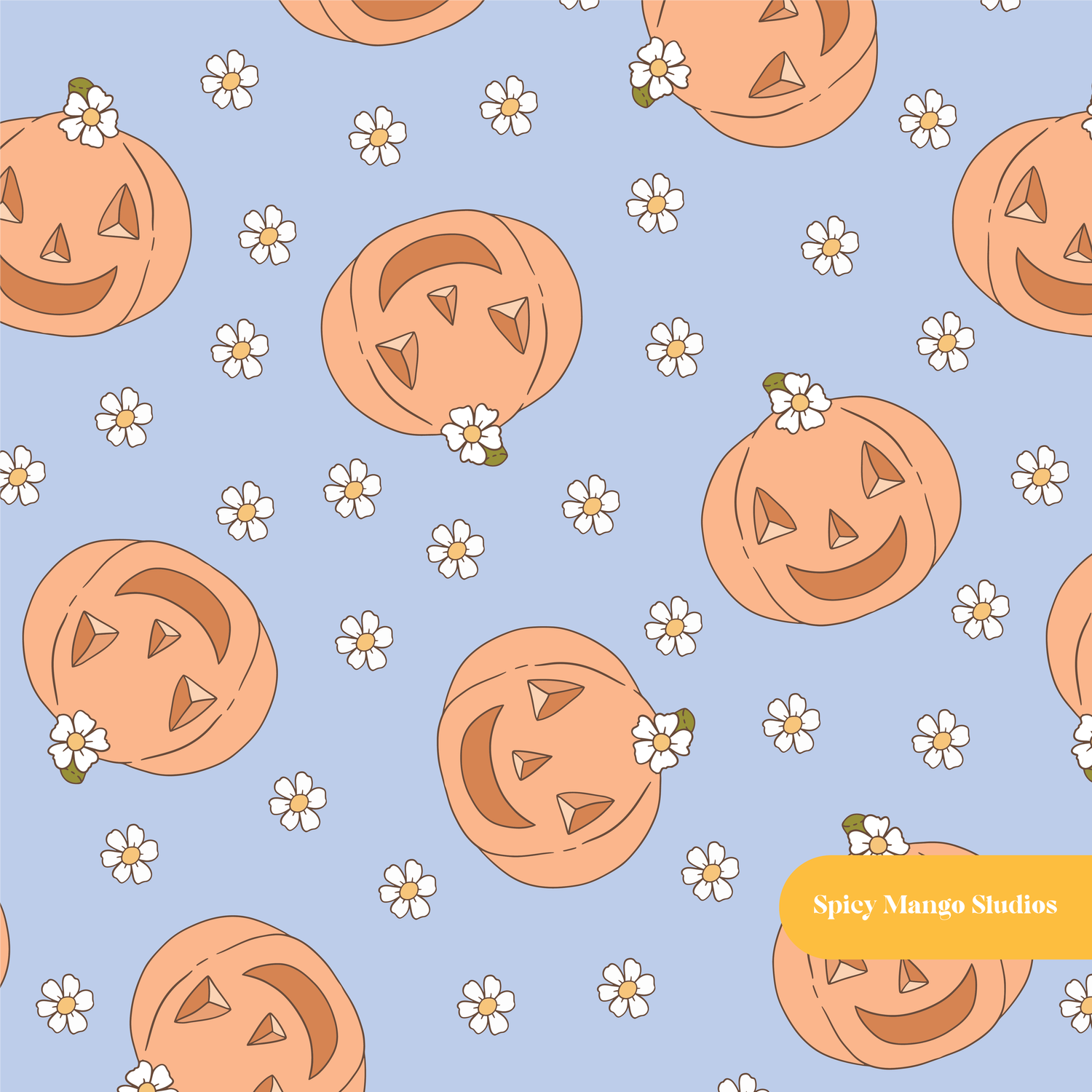 Fall Blue Happy Pumpkins Seamless Pattern