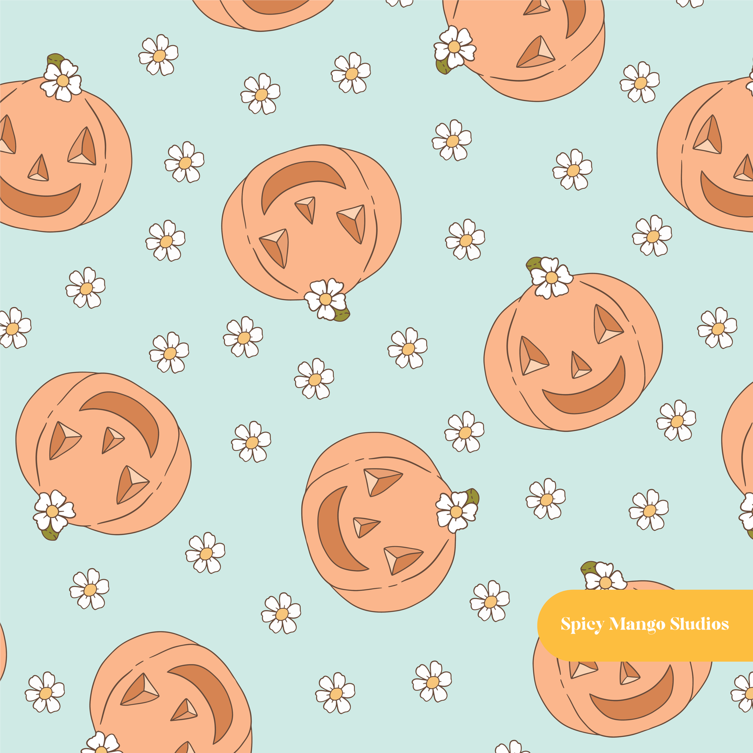 Mint Happy Pumpkins Seamless Pattern