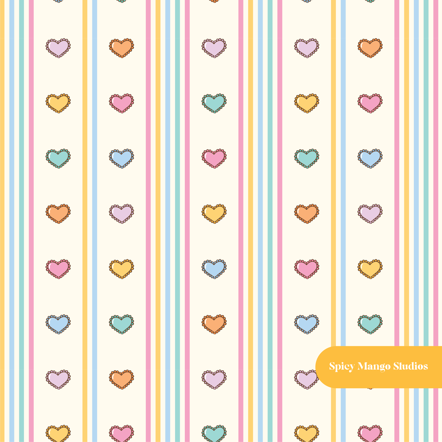 Cream Heart Pinstripe Seamless Pattern