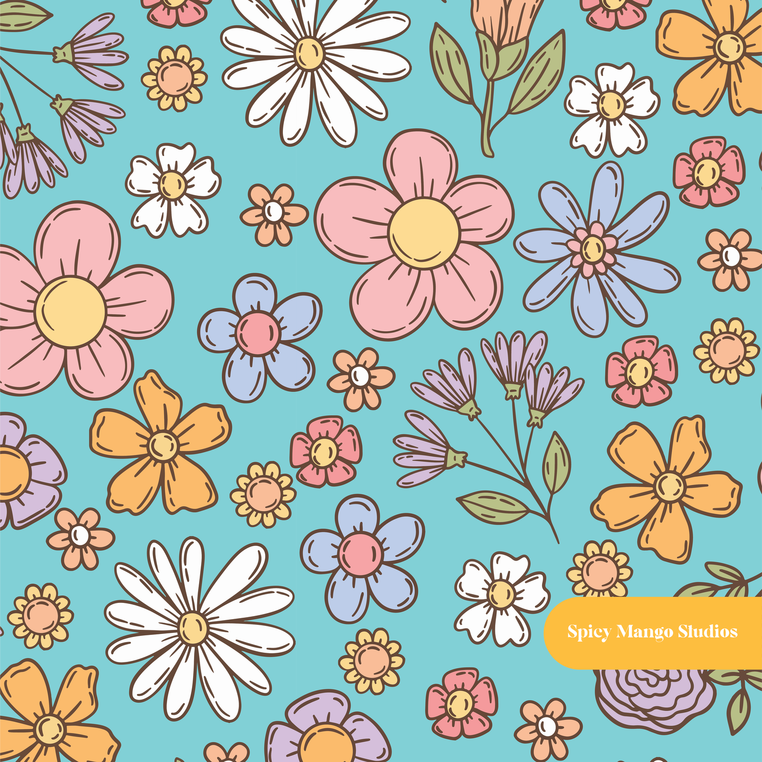Aqua Happy Summer Floral Seamless Pattern