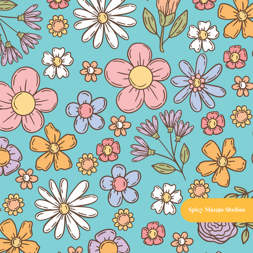 Aqua Happy Summer Floral Seamless Pattern