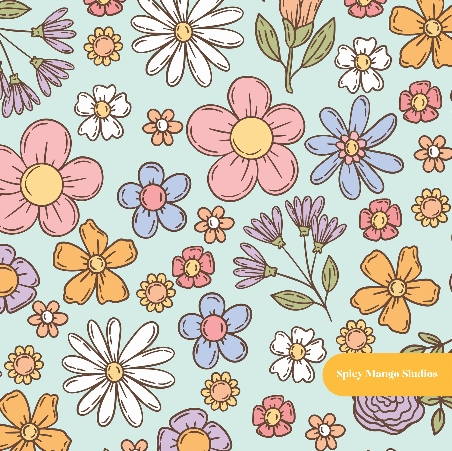Mint Happy Floral Seamless Pattern