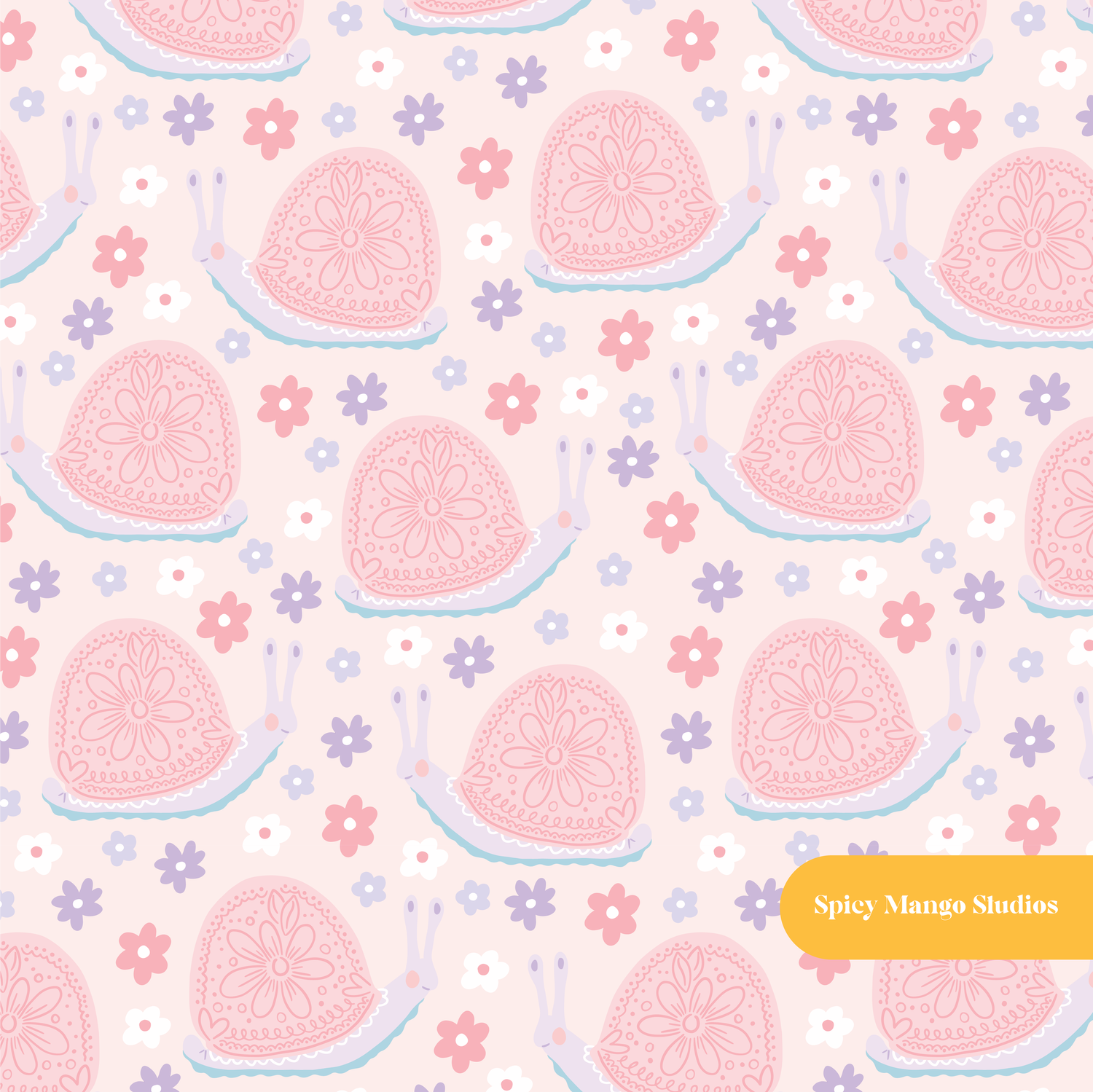 Pink Happy Snails Seamless Pattern