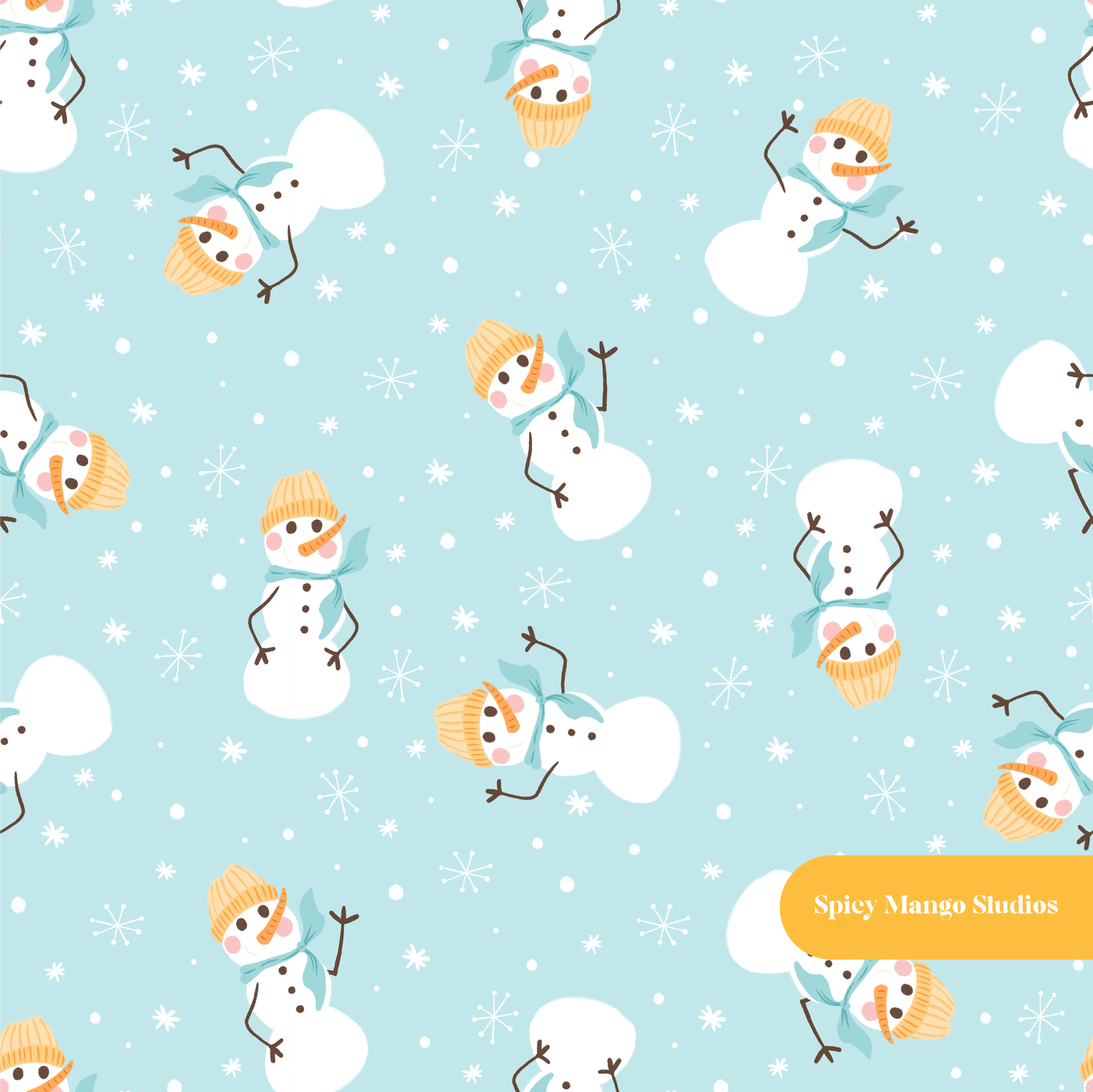 Light Blue Happy Snowman Seamless Pattern