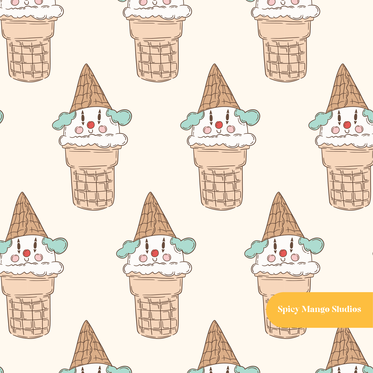 Neutral Ice Cream Clown Seamless Pattern – Digital Download